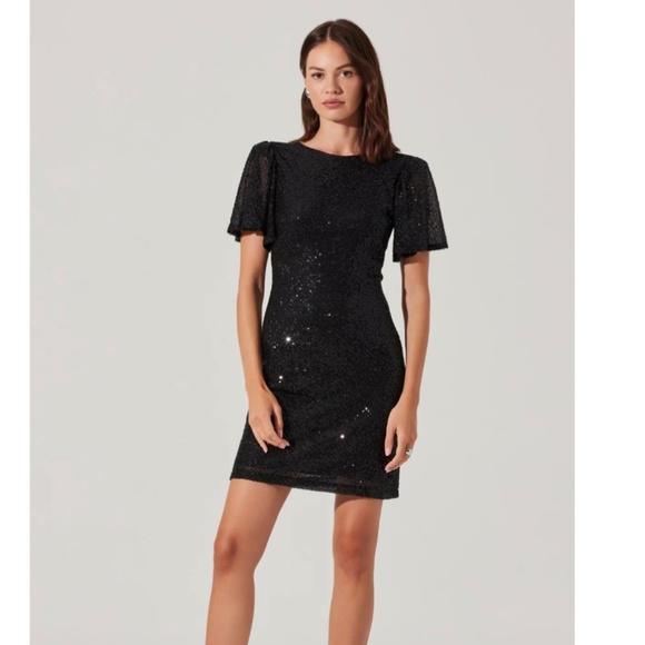 ASTR the Label Sequin Flutter Short Sleeve Open Back Mini Dress Black Small NWT - Picture 1 of 6